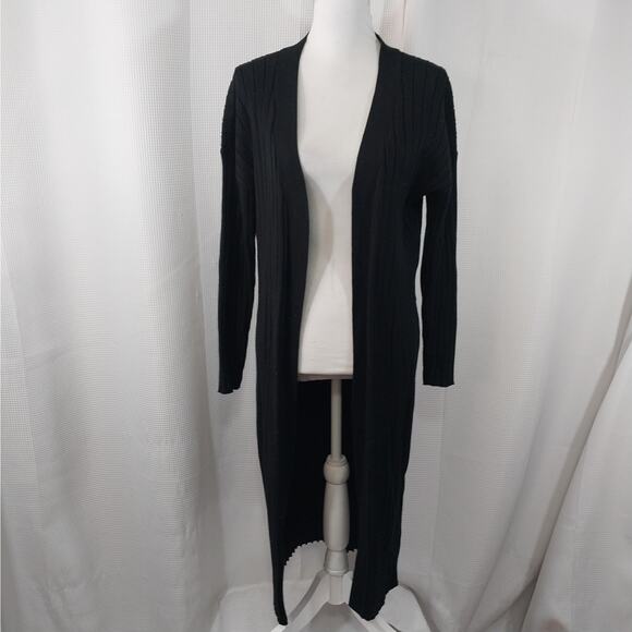 JUSTFAB! ULTRA BLACK RIBBED DUSTER LENGTH CARDIGAN, LONG SLEEVE SWEATER! SZ S - Picture 2 of 13